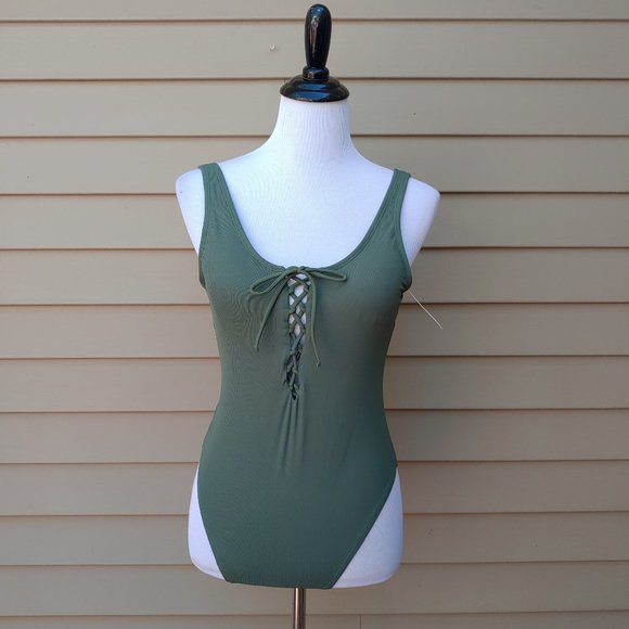 Xhilaration Green Ribbed One-Piece Swimsuit Lace-up Neckline Cheeky NWT - Picture 3 of 13